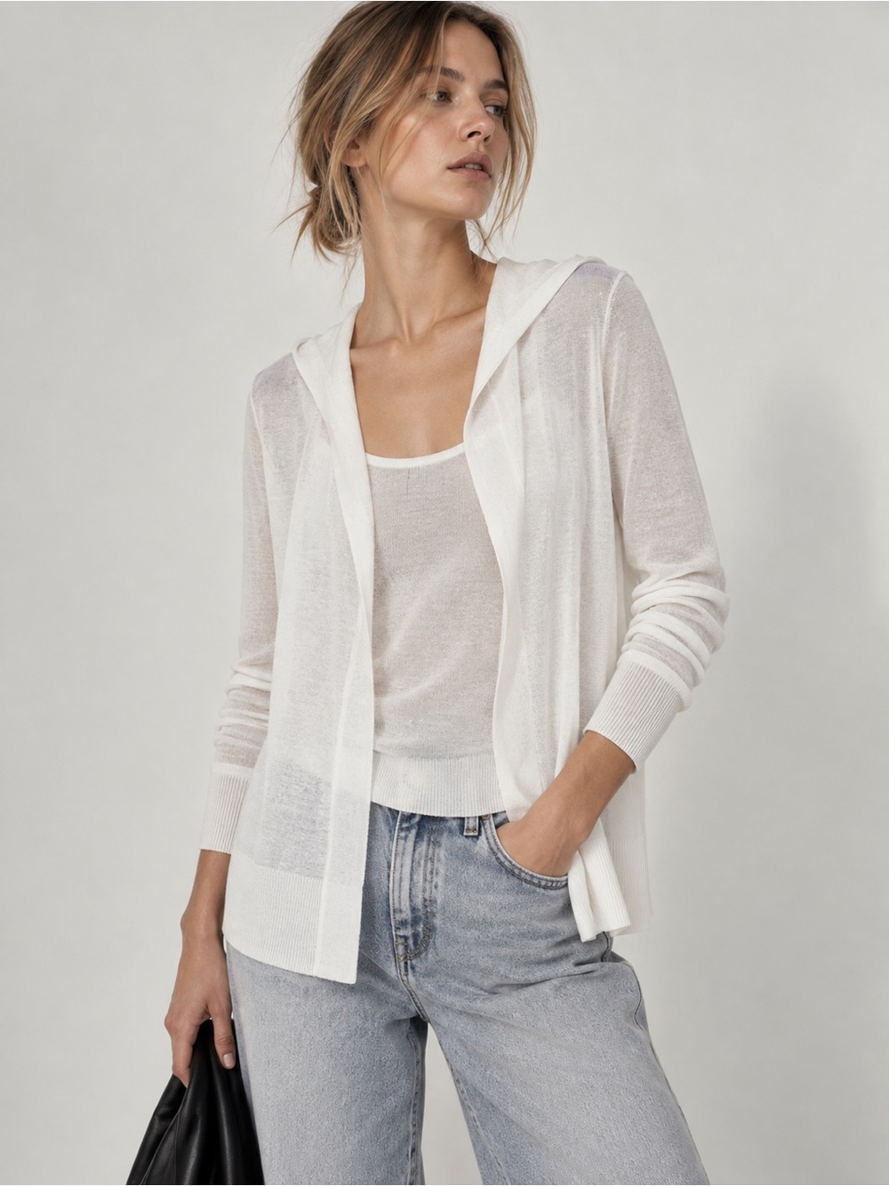 Lightweight Linen Blend White Hooded Women's Sweater Cardigan